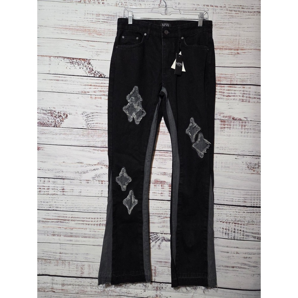 BoohooMAN Mens Slim Flare Applique Panel Jeans Washed Black 30R Gothic Raw Hem